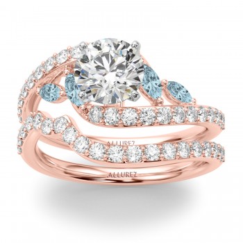 Swirl Design Diamond & Marquise Aquamarine Bridal Ring Set 14K Rose Gold (0.96ct)